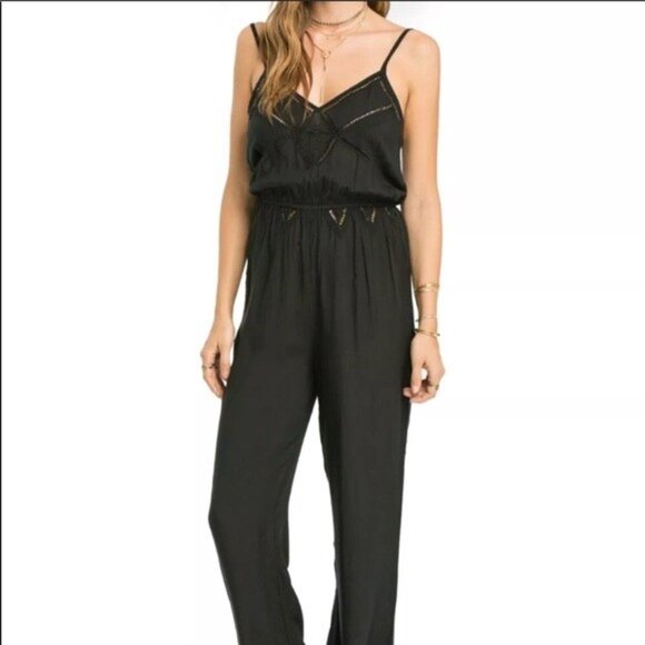 Amuse Society Jumpsuit Size L Black Sleeveless Spaghetti Straps Embroidery - Picture 1 of 16